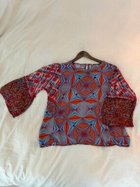 Anthropologie/ Bl-nk Geometric Multicolor Women's Blouse with Floral Sleeves